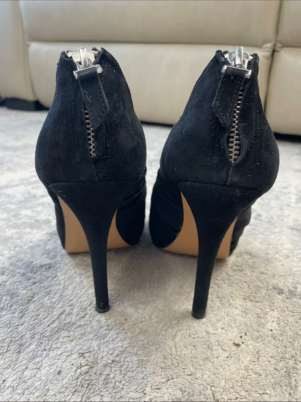 Betsey Johnson Black Ruched Chiffon Peep Toe Booties Heels Crystal Buttons 9.5
